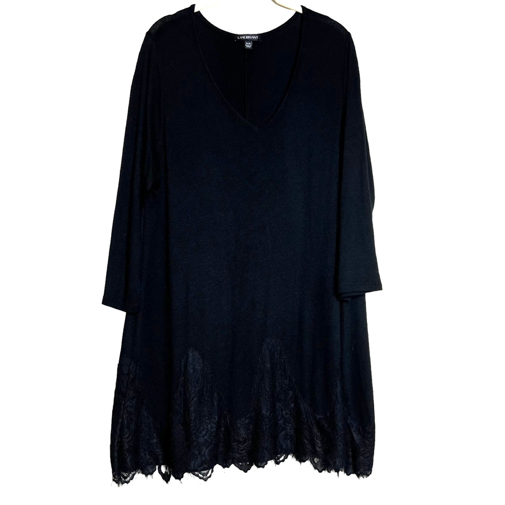 Lane Bryant Sweater Knit Tunic Size 18/20 Black Lace Trim V-Neck 3/4 Sleeve